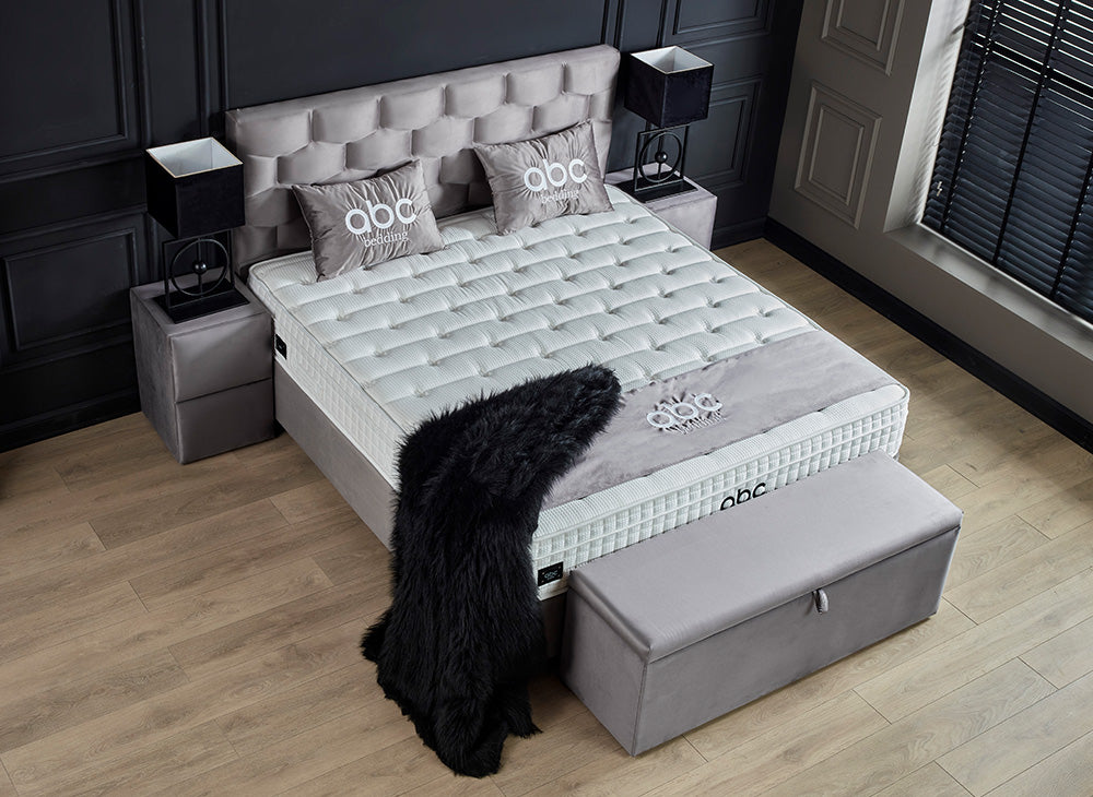 PALERMO Boxspringbett Stauraum Bettkasten Topper Samt Grau Taupe Boxbett von ABC Bedding | palermo-stauraum-boxbett-boxspringbett-mit-bettkasten-samt-hell-grau-silber | Mit Bettkasten