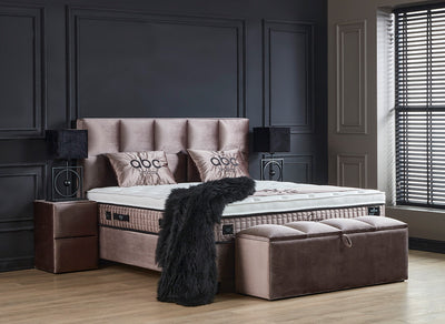 PHANTOM Beige Boxspringbett Stauraum Bettkasten Samtiger Webstoff Boxbett von ABC Bedding | phantom-stauraum-boxbett-boxspringbett-mit-bettkasten-samt-beige | Mit Bettkasten