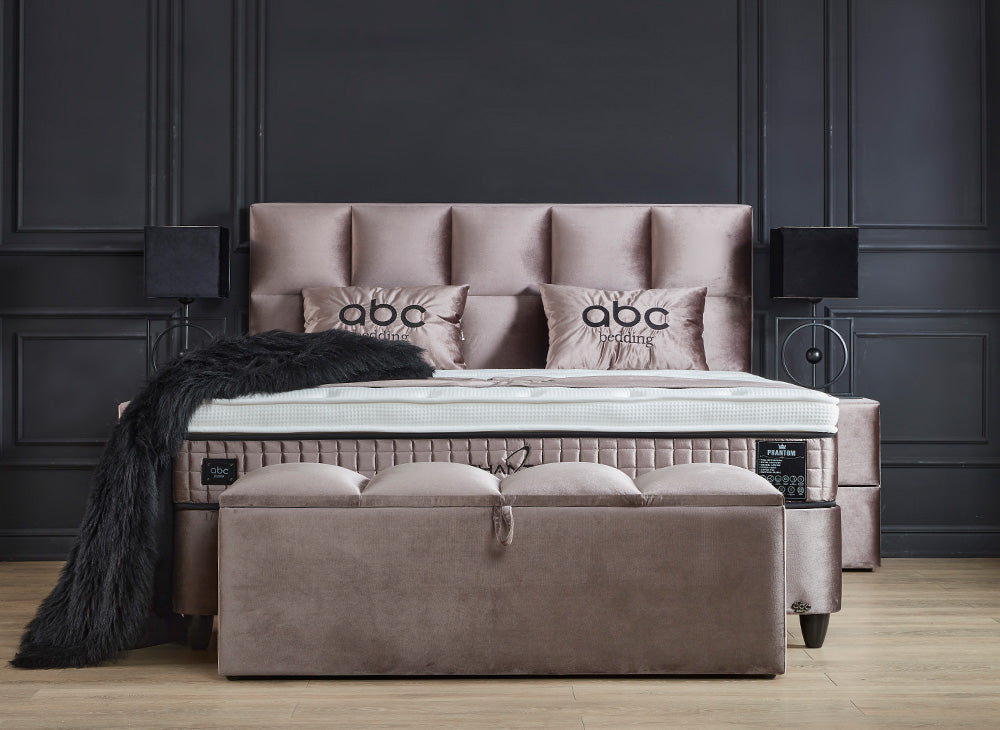 PHANTOM Beige Boxspringbett Stauraum Bettkasten Samtiger Webstoff Boxbett von ABC Bedding | phantom-stauraum-boxbett-boxspringbett-mit-bettkasten-samt-beige | Mit Bettkasten