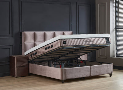 PHANTOM Beige Boxspringbett Stauraum Bettkasten Samtiger Webstoff Boxbett von ABC Bedding | phantom-stauraum-boxbett-boxspringbett-mit-bettkasten-samt-beige | Mit Bettkasten