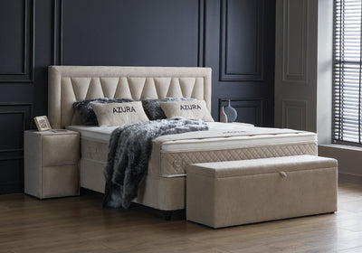 Azura Boxspringbett Stauraum Bettkasten Stoff Beige Creme Boxbett von ABC Bedding | azura-boxspringbett-stauraum-bettkasten-lederoptik-weiss-boxbett | Mit Bettkasten